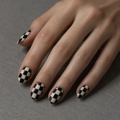 Generated example: hand with black and cream checkerboard nails