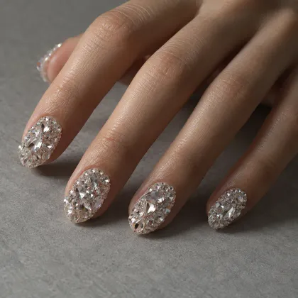 Generated example: hand with nails covered in clear faceted crystals