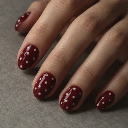 Generated example: hand with glossy oxblood nails and small cream polka dots