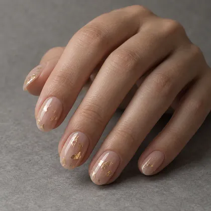 Generated example: hand with sheer nude nails and scattered gold-leaf flakes